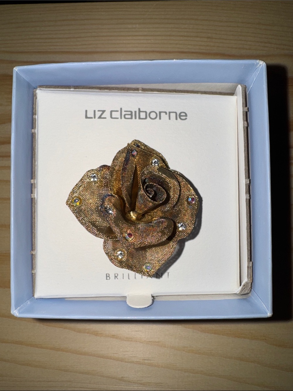 Liz Claiborne Gold Tone Mesh Rose Brooch with Crystal Accents